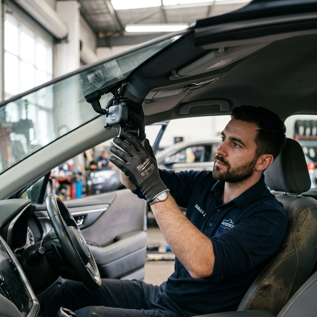 Technician professionally installing a dash cam on a car windscreen
