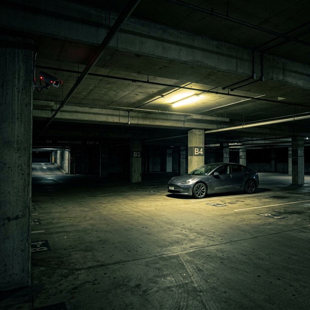 Car parked alone in a dimly lit underground car park