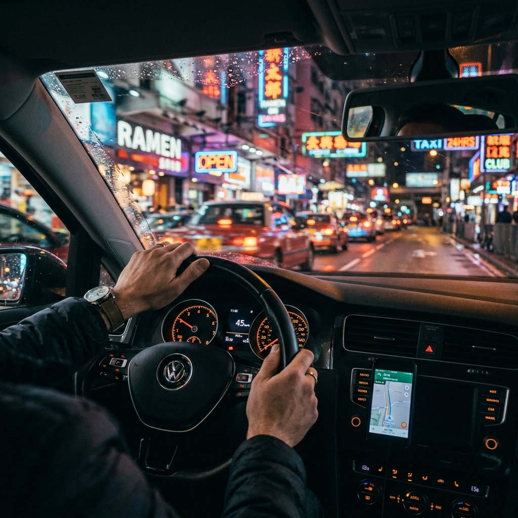 Rideshare driver navigating city streets at night