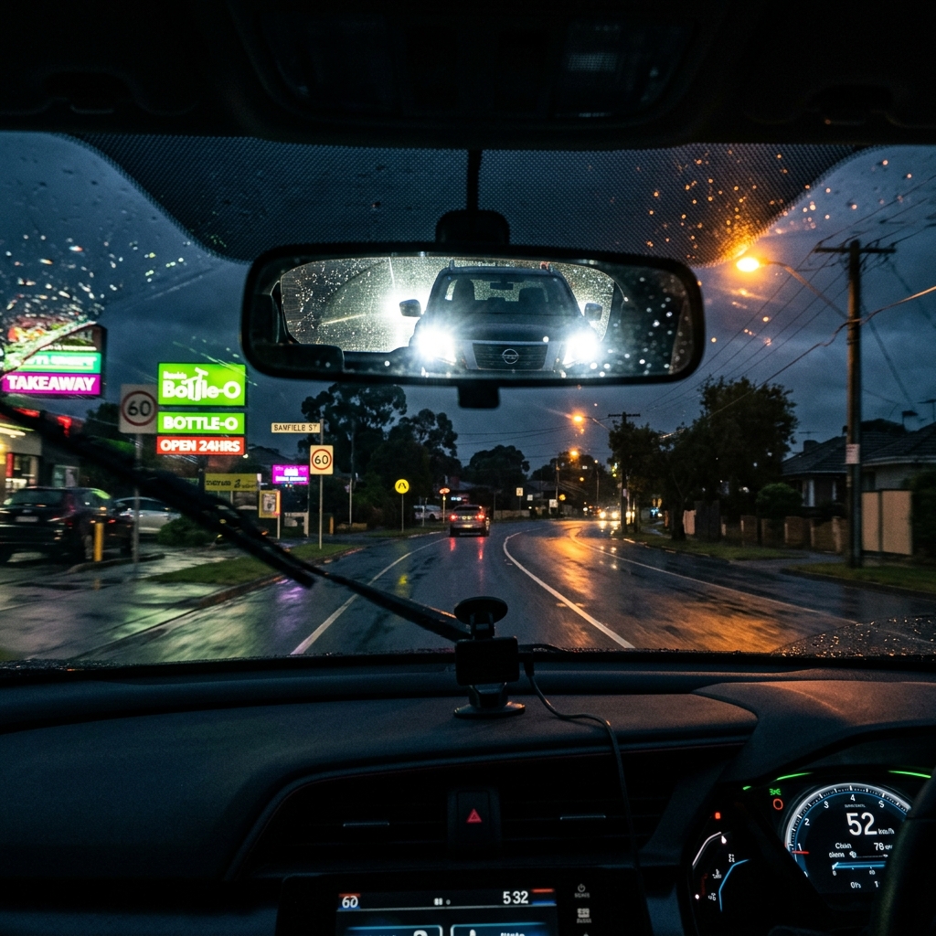 Dash cam view of aggressive driving on wet Adelaide road at night