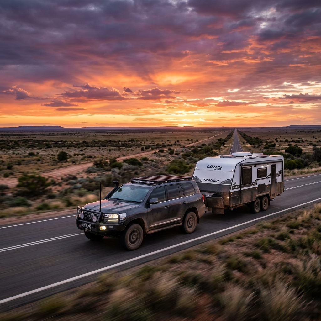 4WD towing caravan on Australian highway at sunset